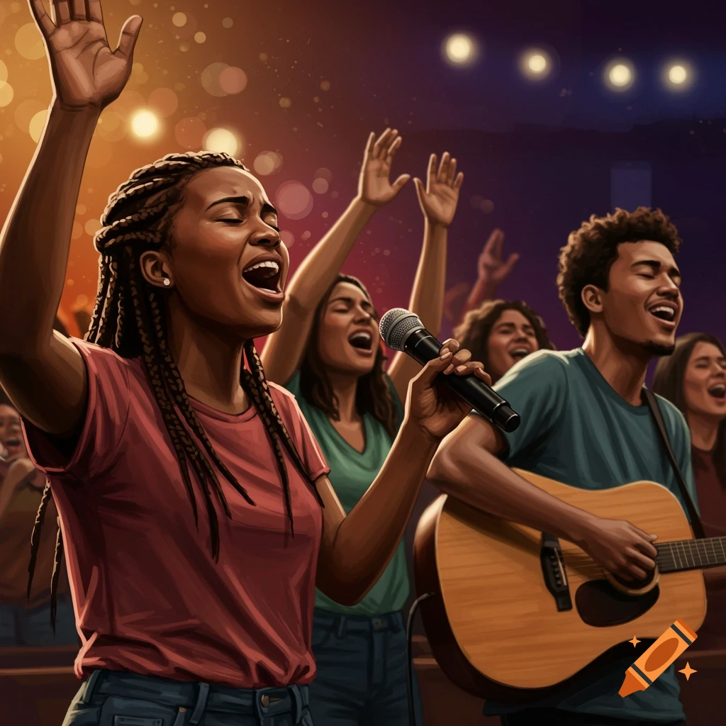 Young adults sing and play guitar during a lively worship service.