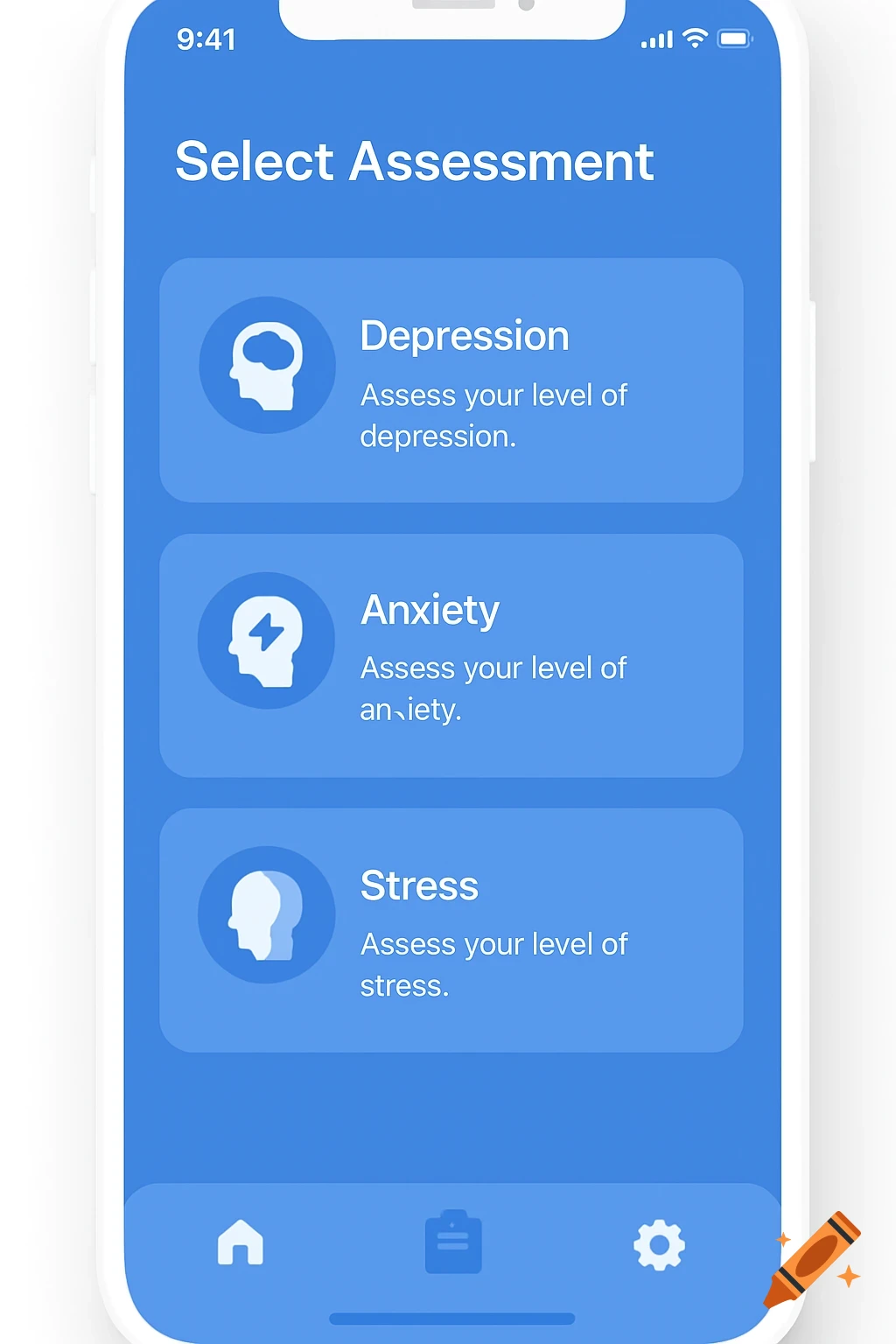 A mobile app screen with mental health assessment options for Depression, Anxiety, and Stress.