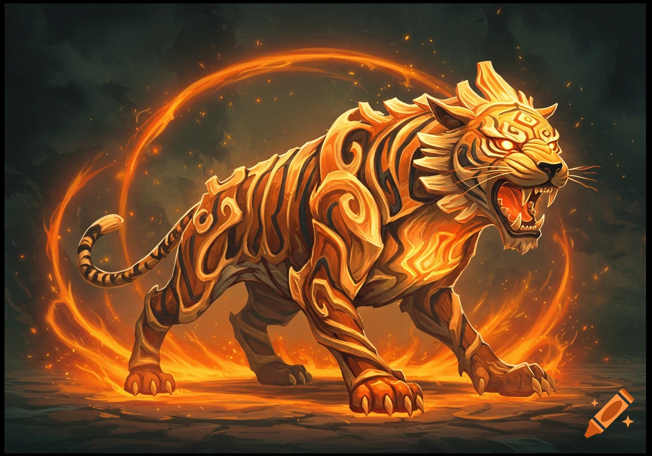 A stylized golden and orange glowing tiger creature with energy swirling around it, standing on cracked ground.