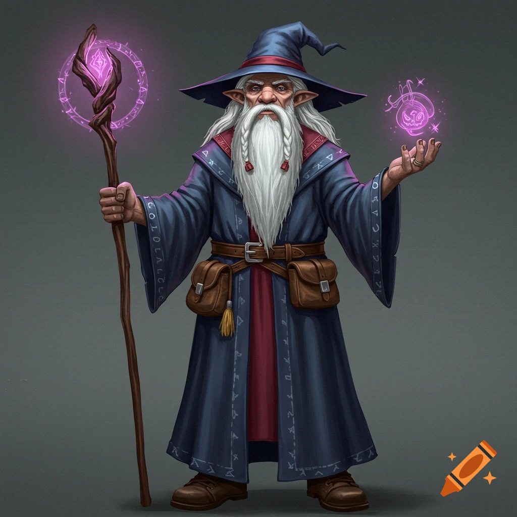 A fantasy wizard with a long white beard, holding a glowing magical staff and orb.