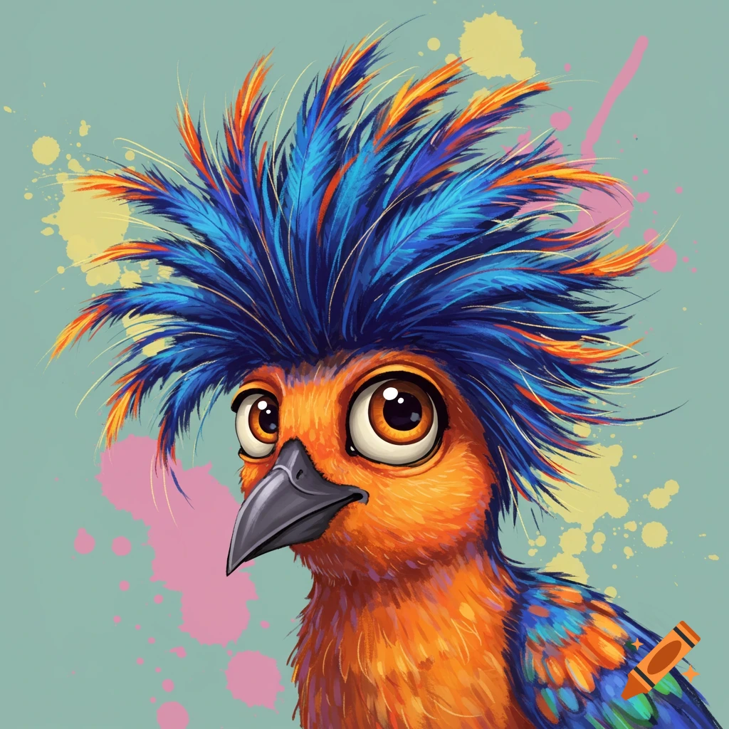 A cartoon bird with big eyes and bright blue and orange crazy hair.