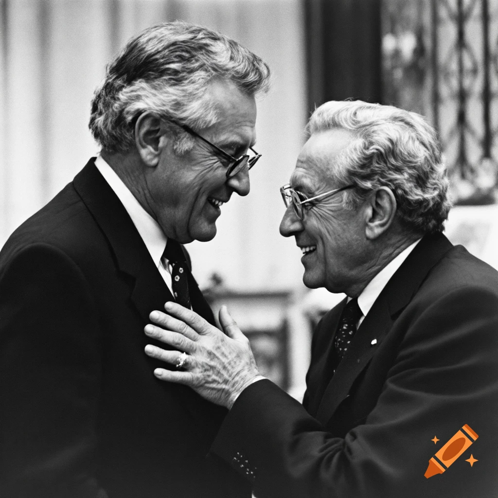 Black and white photo of two men in suits smiling at each other, one with his hand on the other's chest.