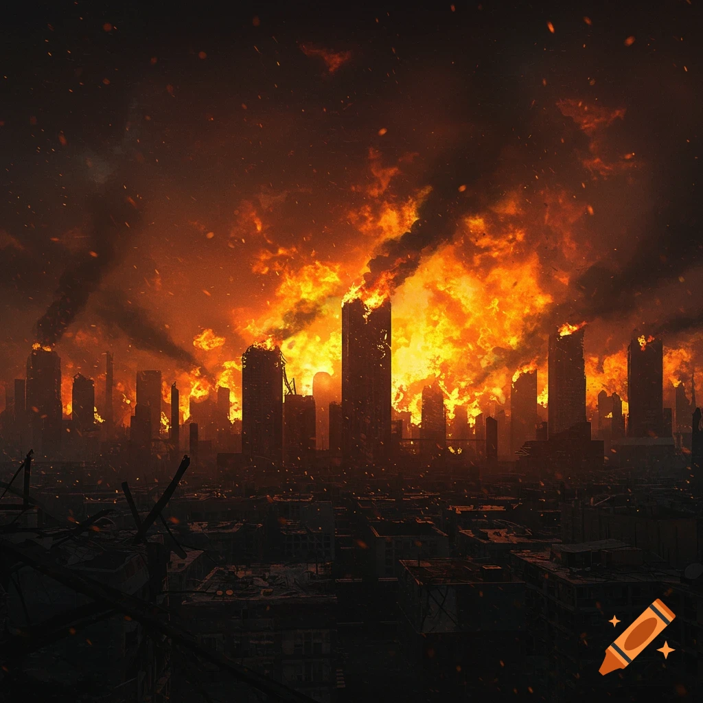 A dark city skyline engulfed in massive flames and smoke.