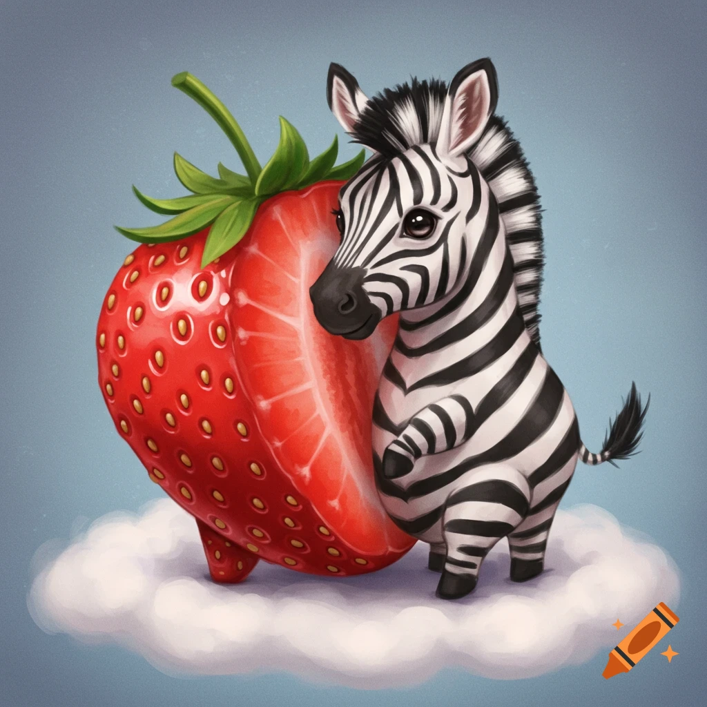A cartoon half-strawberry, half-zebra creature standing on a cloud.