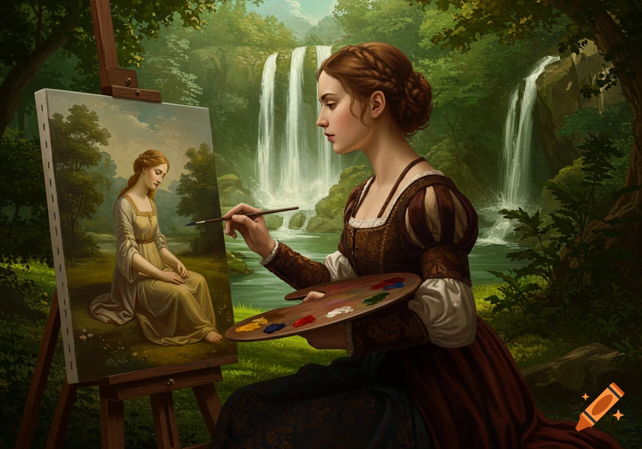 A female renaissance painter painting a portrait by a waterfall