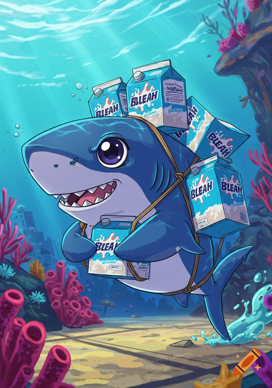 A cute cartoon blue shark swims underwater carrying boxes strapped to its back.