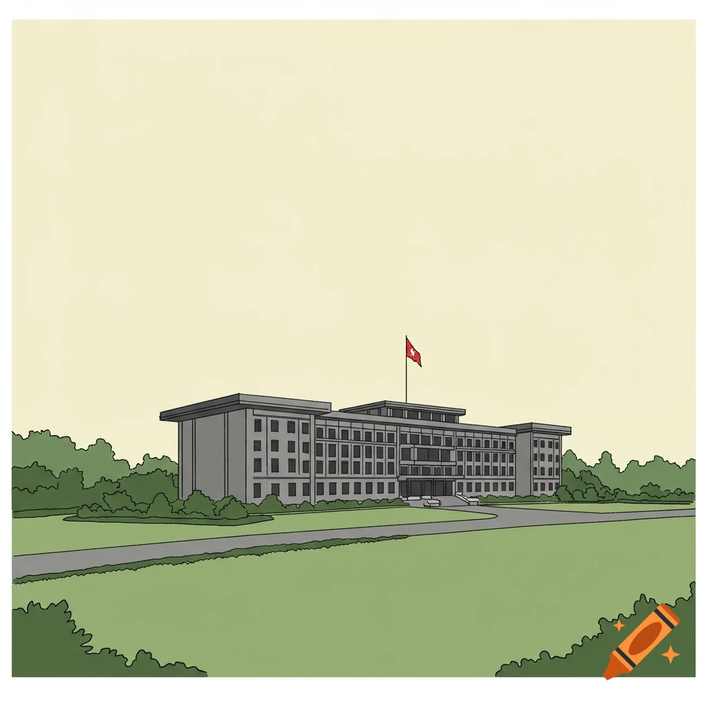 Simple illustration of a large grey building with a flag on top, surrounded by trees and lawn.