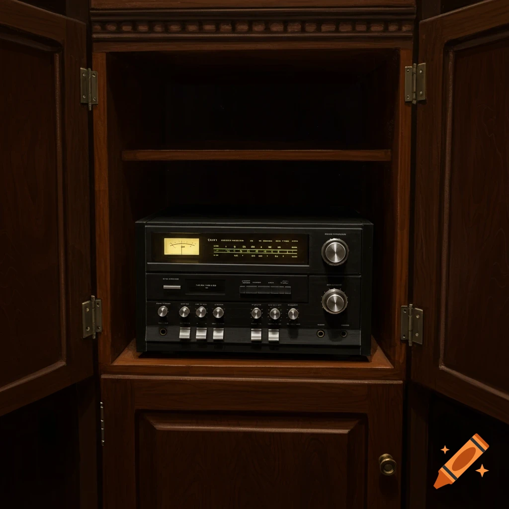 A vintage black stereo receiver in a dark wooden cabinet.