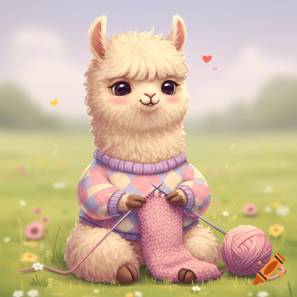A cute alpaca in an argyle sweater knits pink yarn in a grassy field.