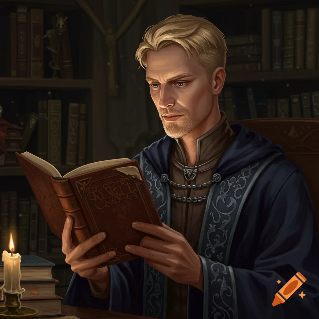 A blond man in dark robes reading a book by candlelight in a library
