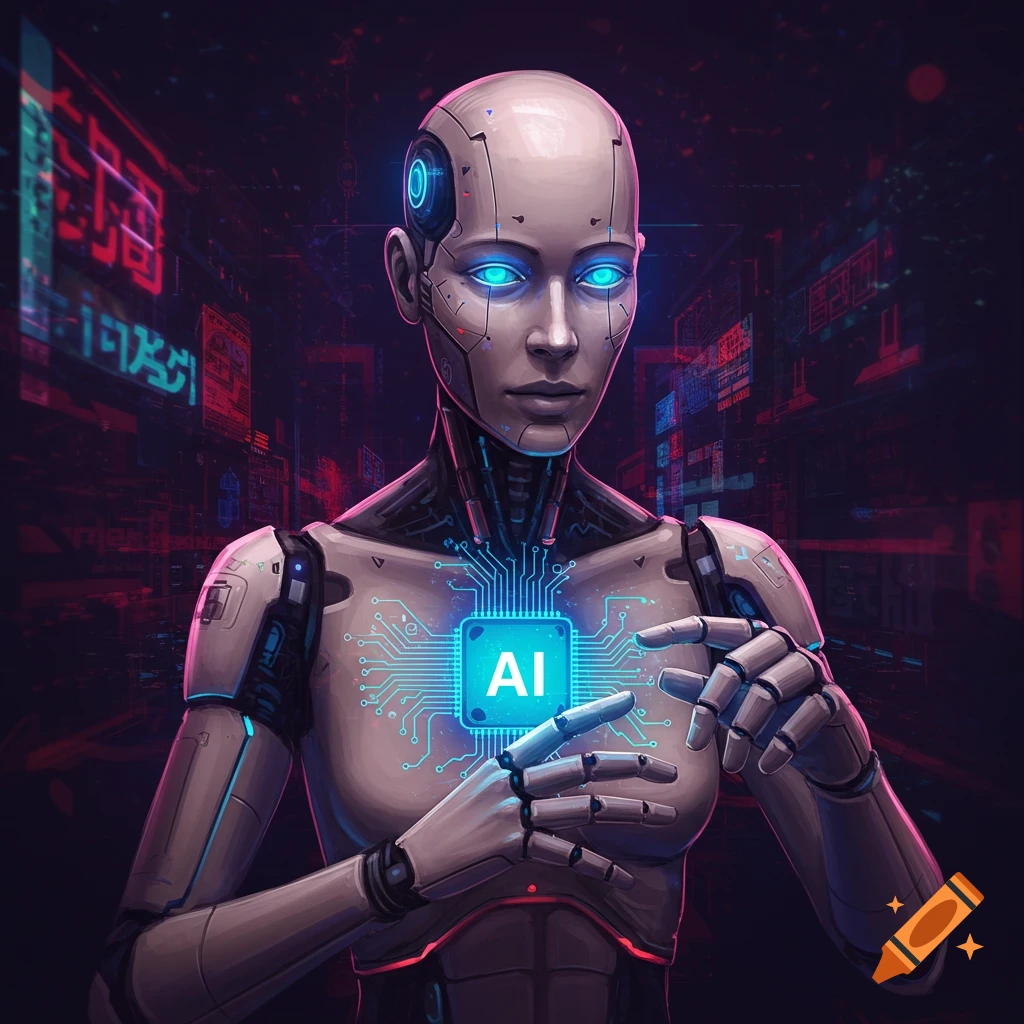 A humanoid robot holding a glowing chip with "AI" on it, set in a dark, futuristic city with neon lights.