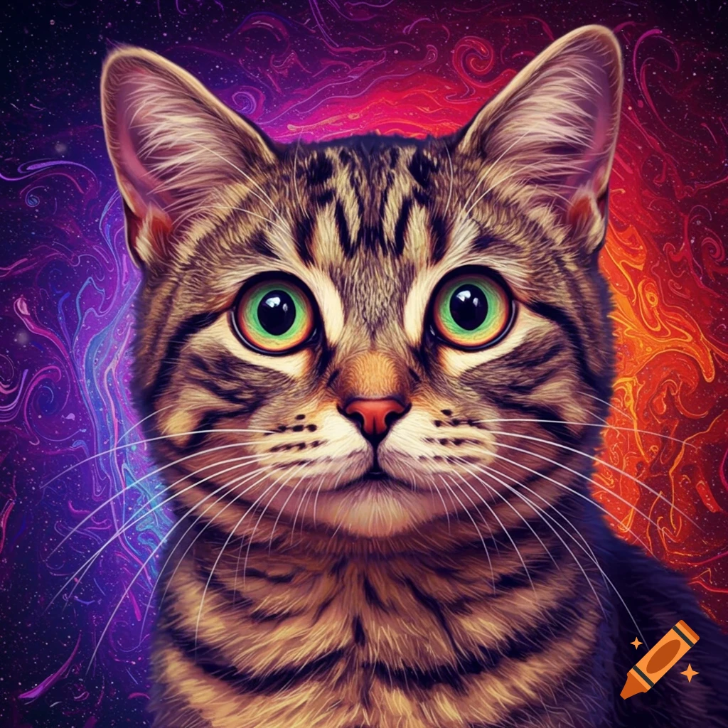 A cat with bright green eyes against a colorful, swirly background.