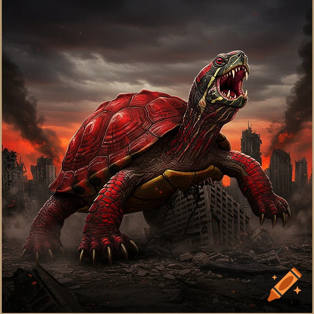 A giant monstrous turtle with a red shell roars among destroyed buildings under a dark sky.