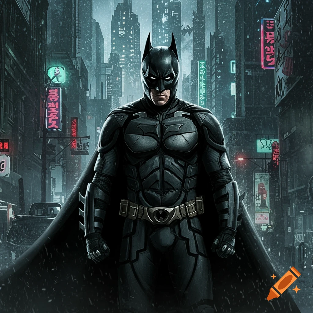 Batman standing in a rainy city street with neon signs.
