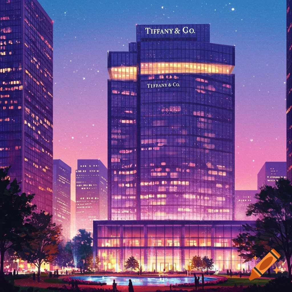 A large city building with "Tiffany & Co." signage at night.