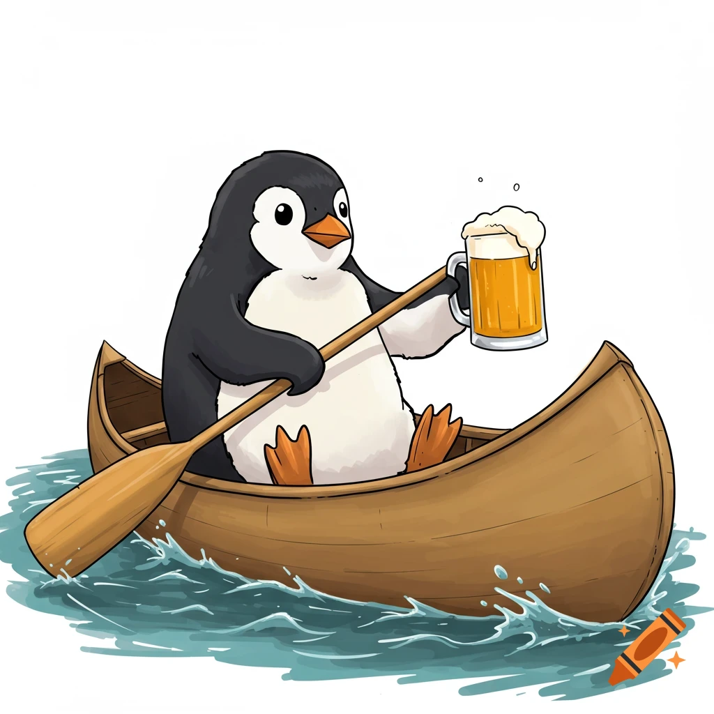 Cartoon penguin paddling a canoe with a pint of beer