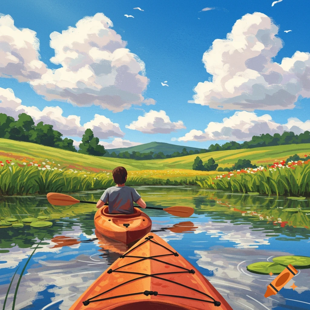 A person kayaks on a lake in a green, hilly landscape under a blue sky with large clouds.