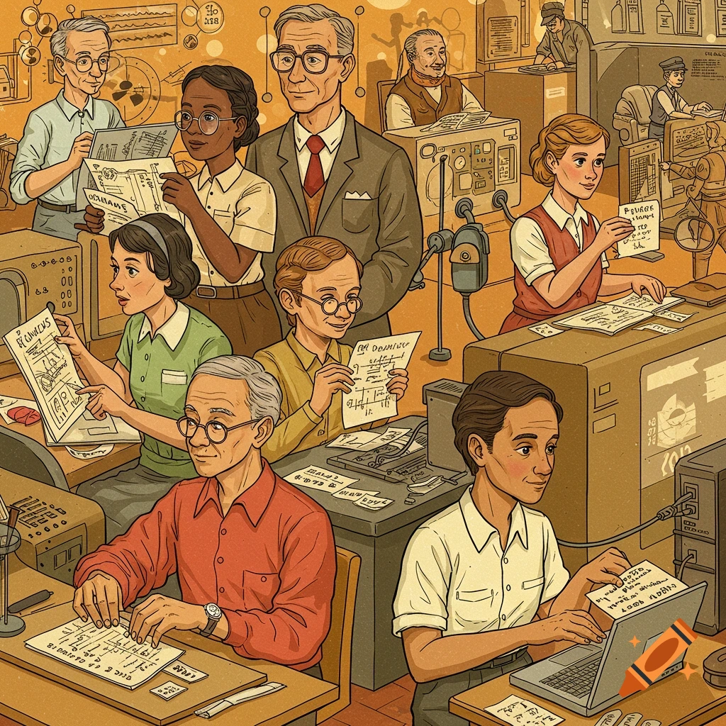 Illustration of people working in a retro science or data processing office with early equipment and papers.