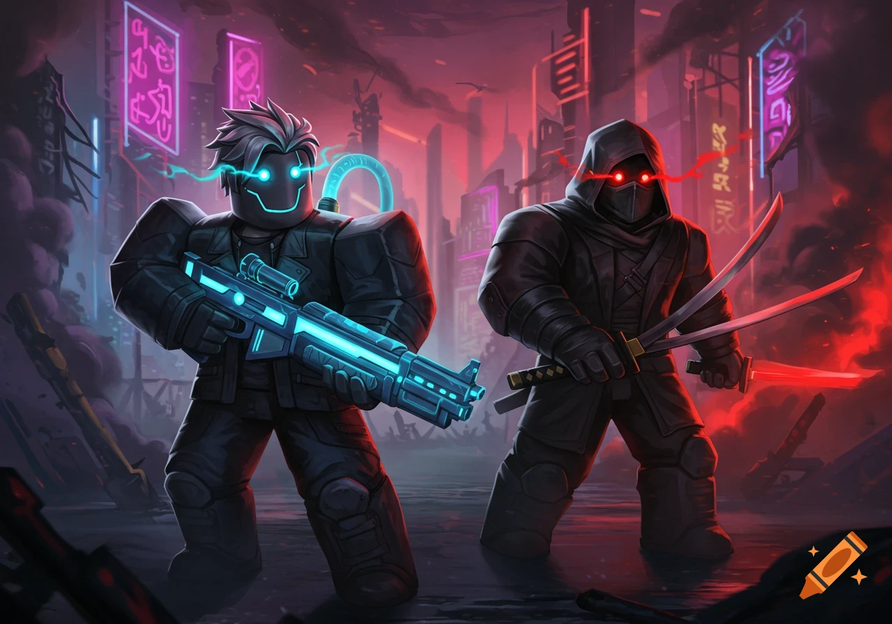 Two characters in a cyberpunk city, one with a glowing rifle, the other with katanas.