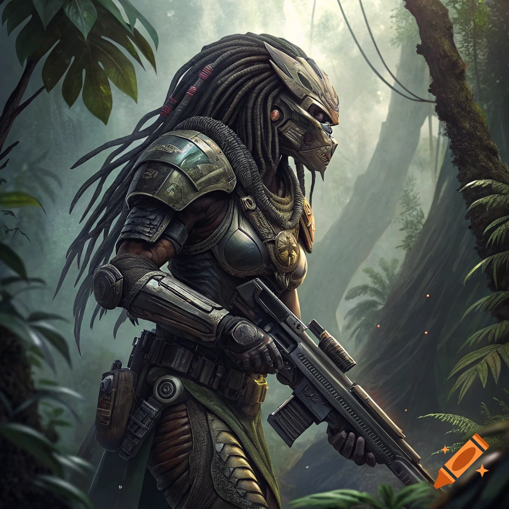 Predator-like alien creature with dreadlocks and armor holding a rifle in a jungle