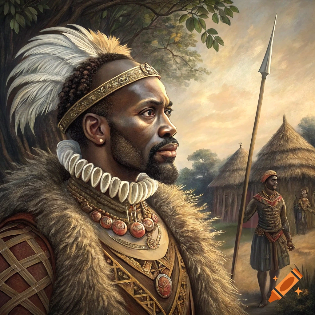 Painting of a historical figure with a feathered headdress and fur collar, holding a spear, in an outdoor tribal setting.