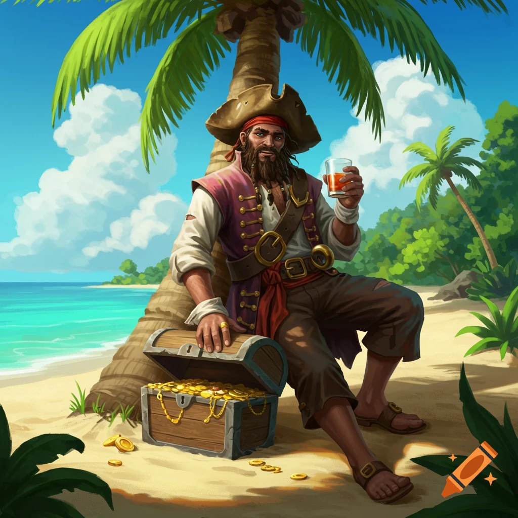 A pirate is sitting by a treasure chest on a tropical beach, holding a drink.