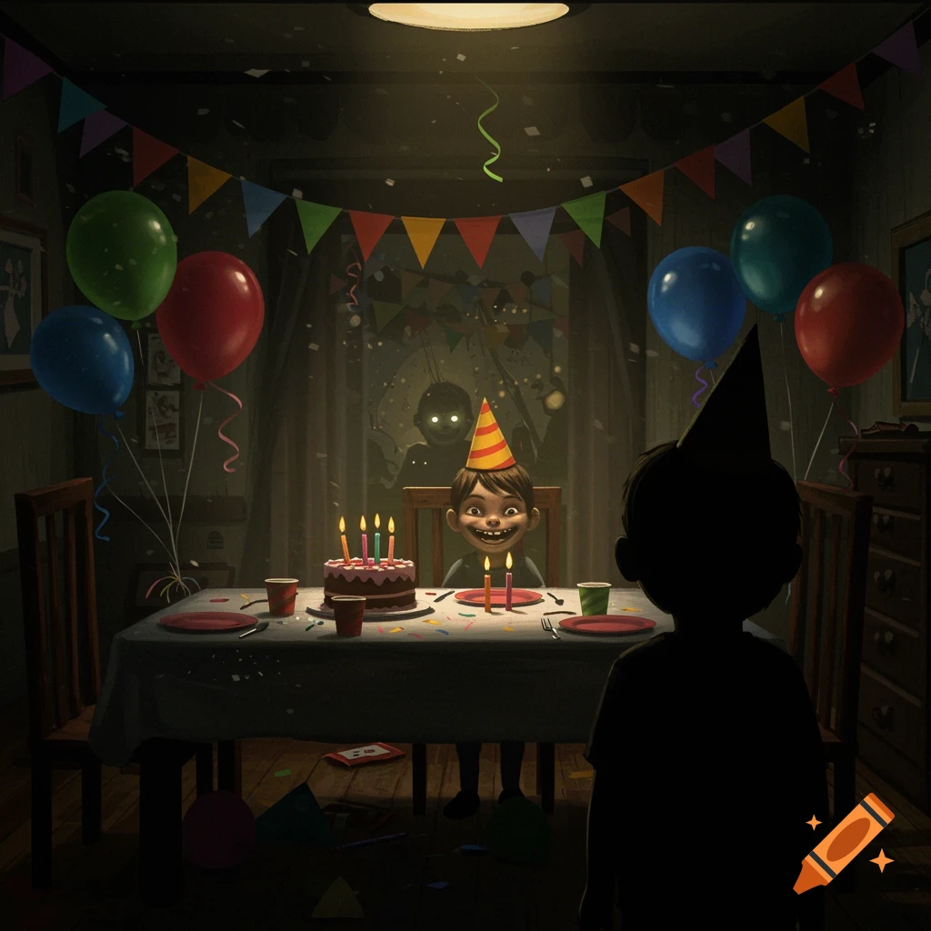 A creepy birthday party with a boy smiling widely and a shadowy figure.