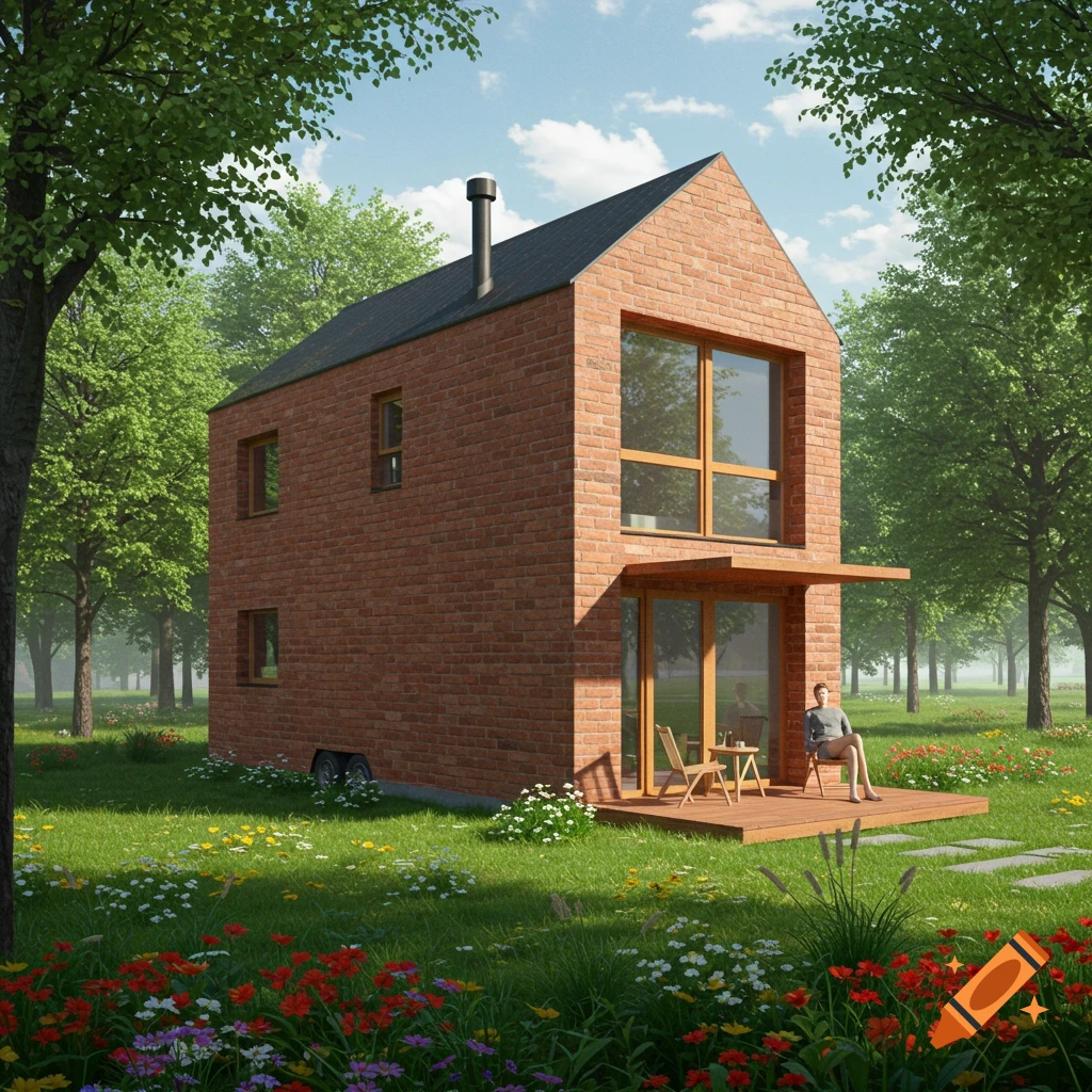 A modern brick tiny house with a deck and person in a grassy meadow with trees and flowers.