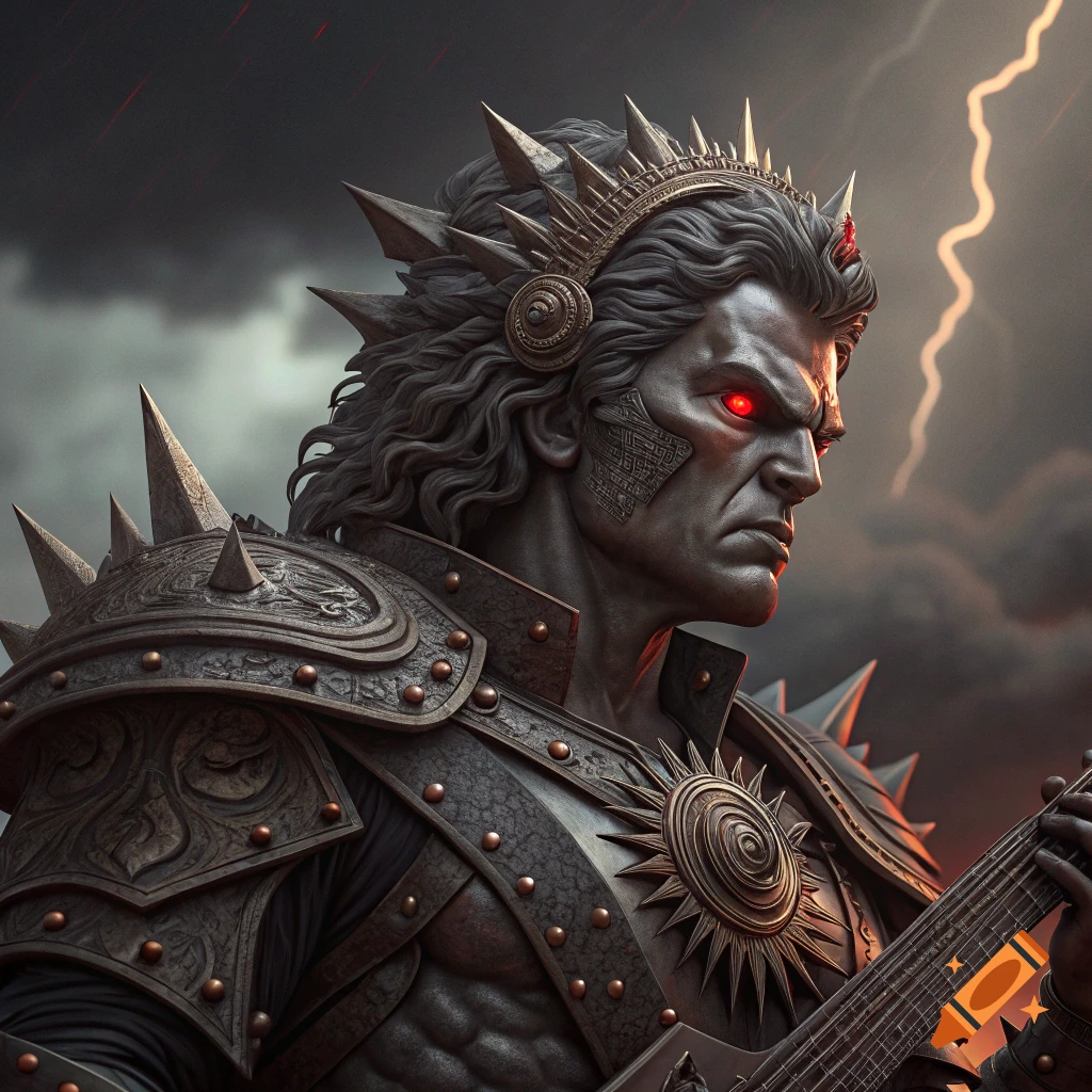Dark fantasy figure in spiky armor with red eyes playing guitar in a storm with lightning.