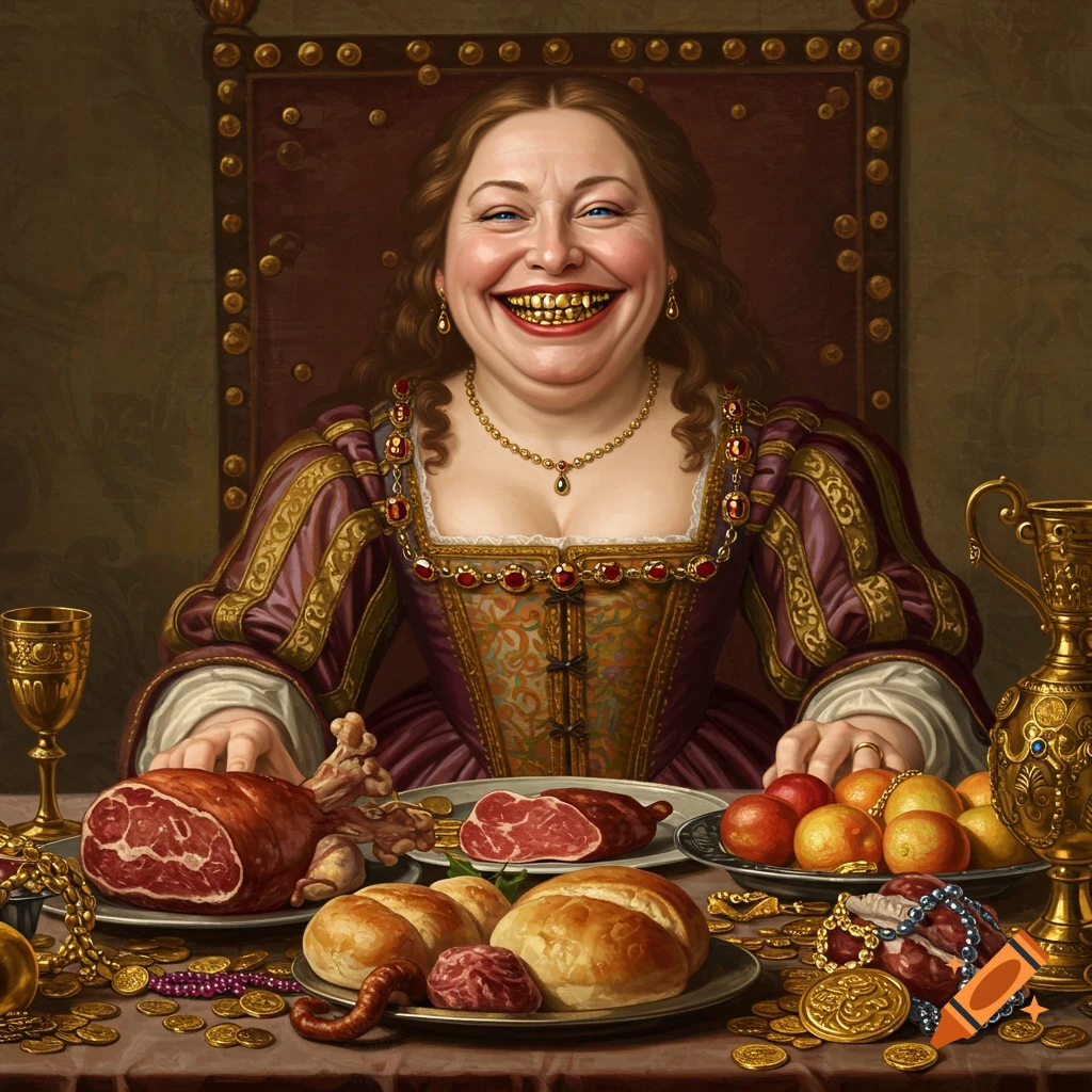 A woman in a Renaissance dress with golden teeth laughs at a table piled with food, coins, and jewelry.