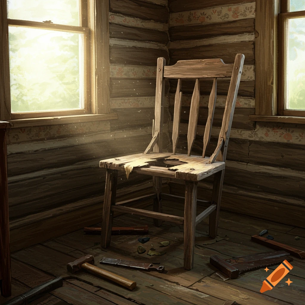 A broken wooden chair in a rustic cabin room with tools on the floor.