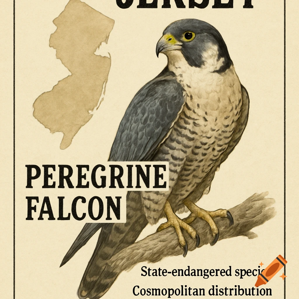 Vintage illustration poster of a peregrine falcon on a branch next to a map of New Jersey with text.