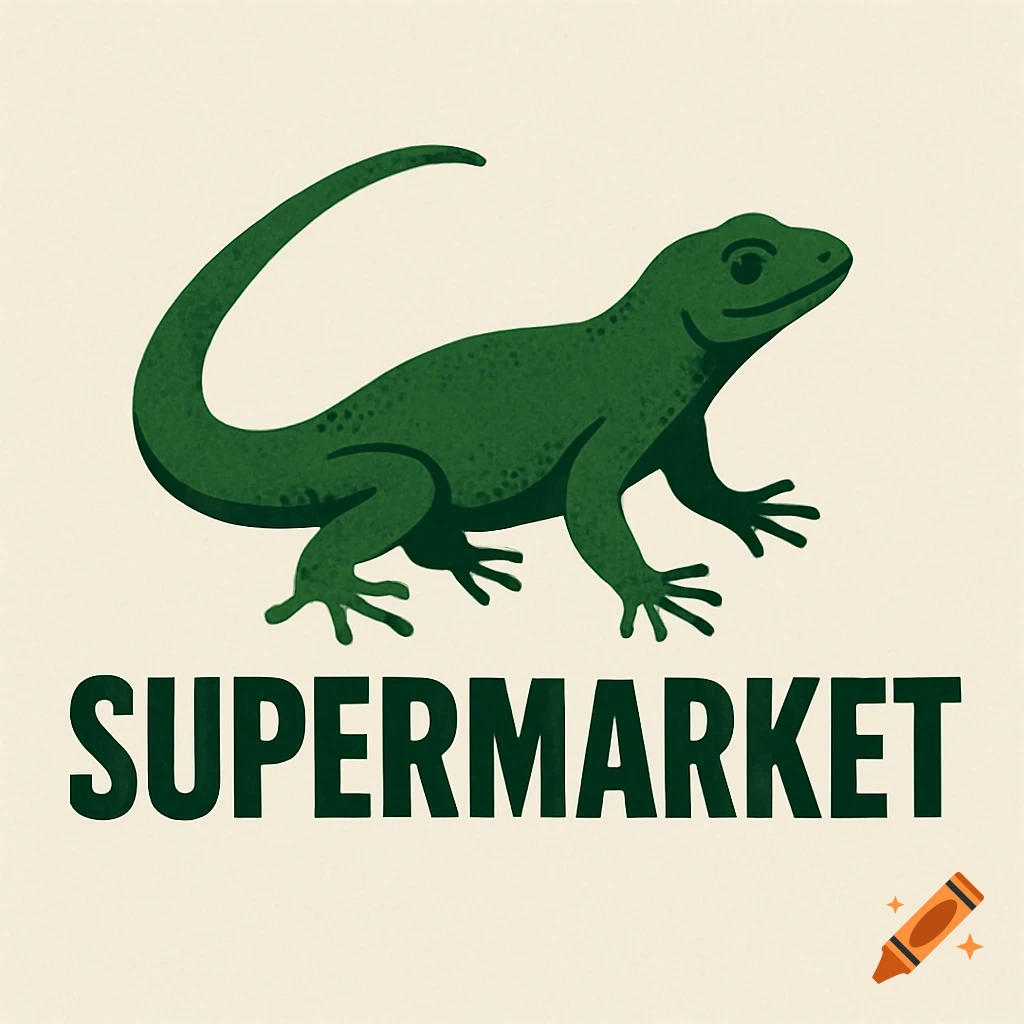 Illustration of a green lizard above the word SUPERMARKET, in a logo style.