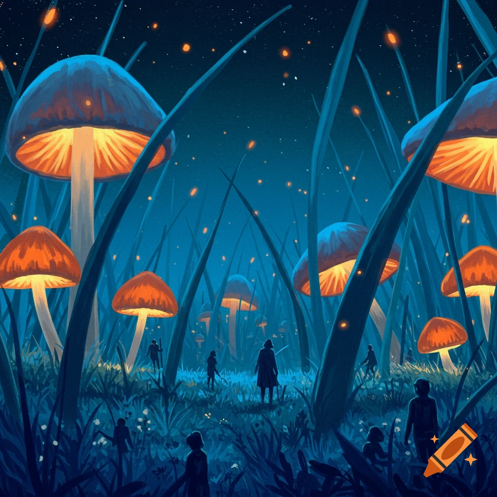 Tiny people in a giant mushroom forest at night, blue and orange style.