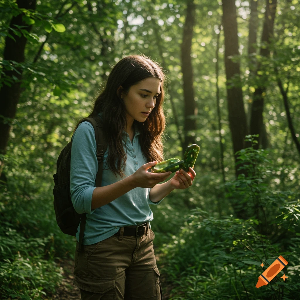 Young woman hiking in a forest looks at an object in her hands. Photorealistic style.