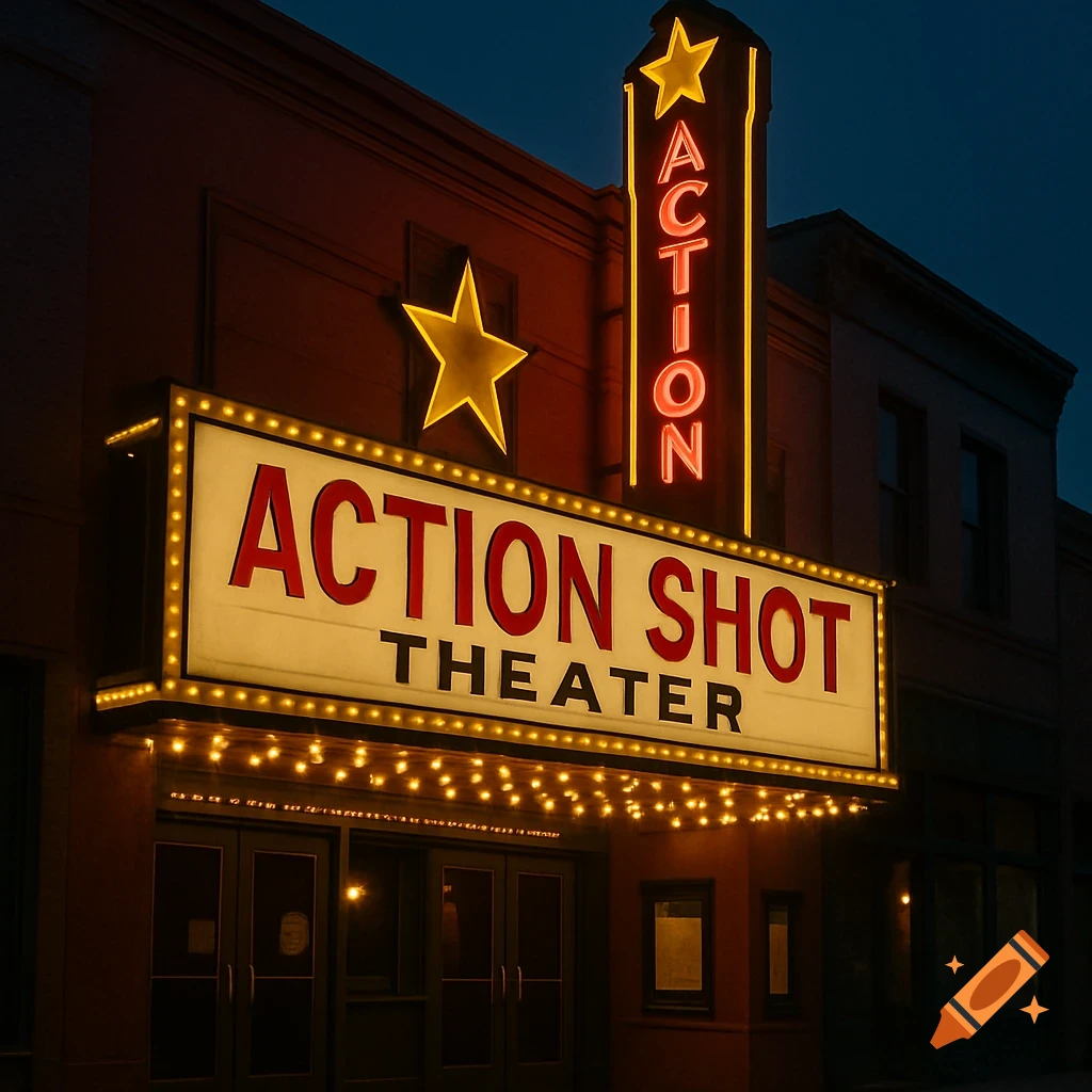 A theater marquee with 'ACTION SHOT THEATER' lit up at night.