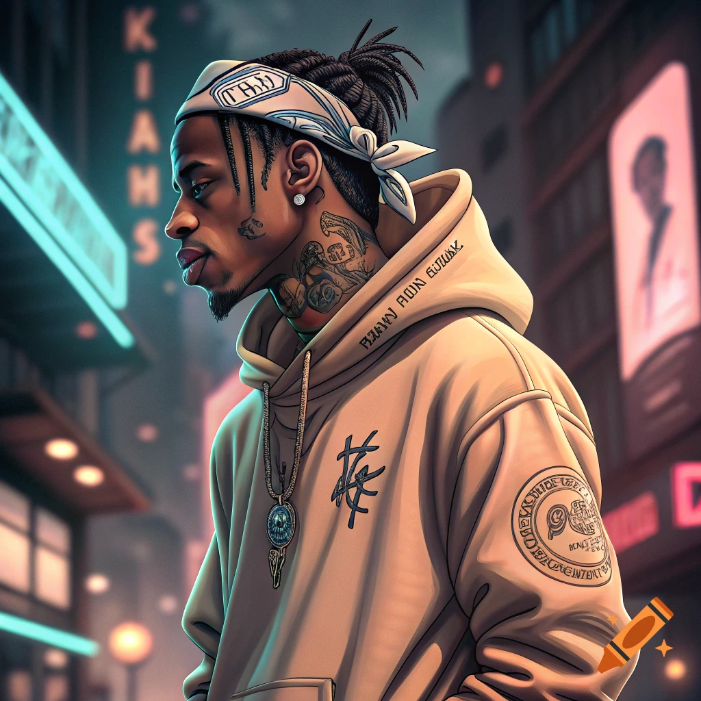 A stylized digital illustration of a man with dreadlocks and tattoos, wearing a hoodie and bandana, in an urban street scene at night.