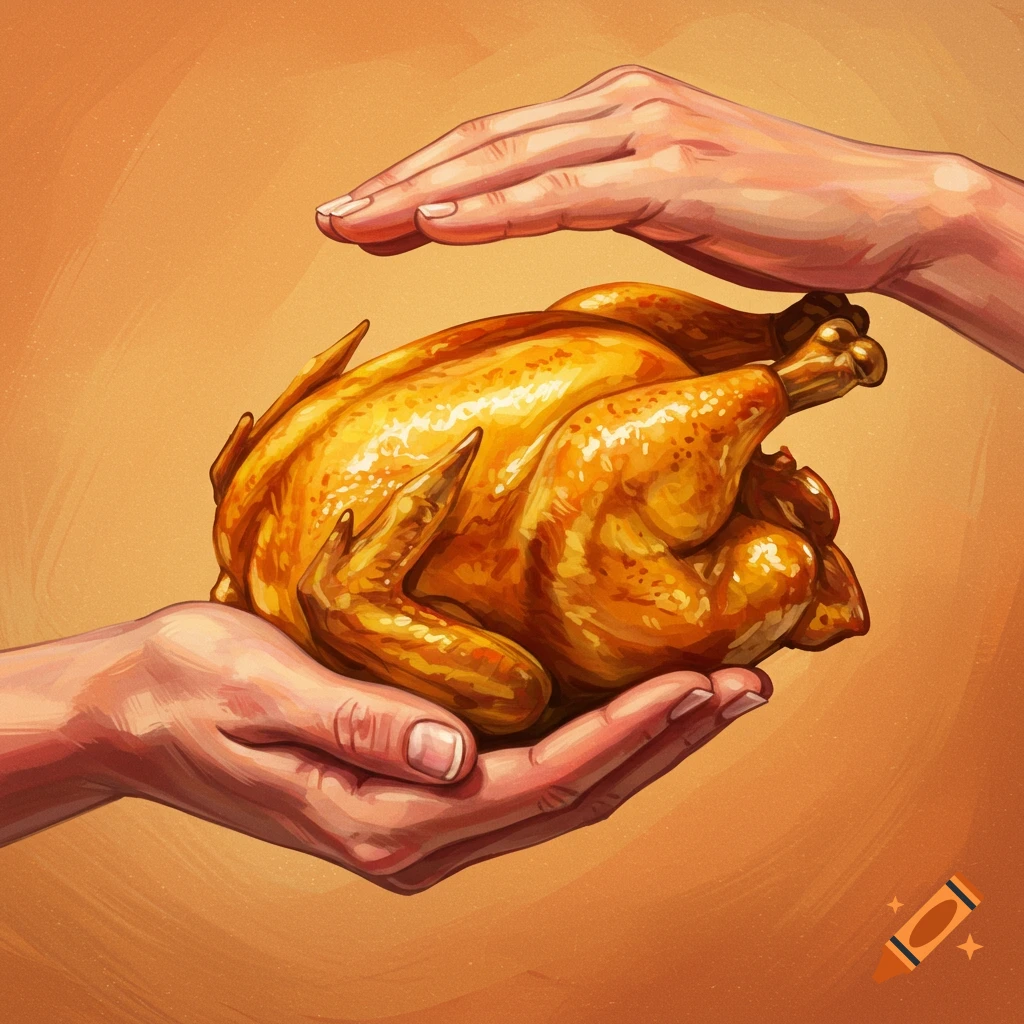 Two hands holding a roasted chicken.