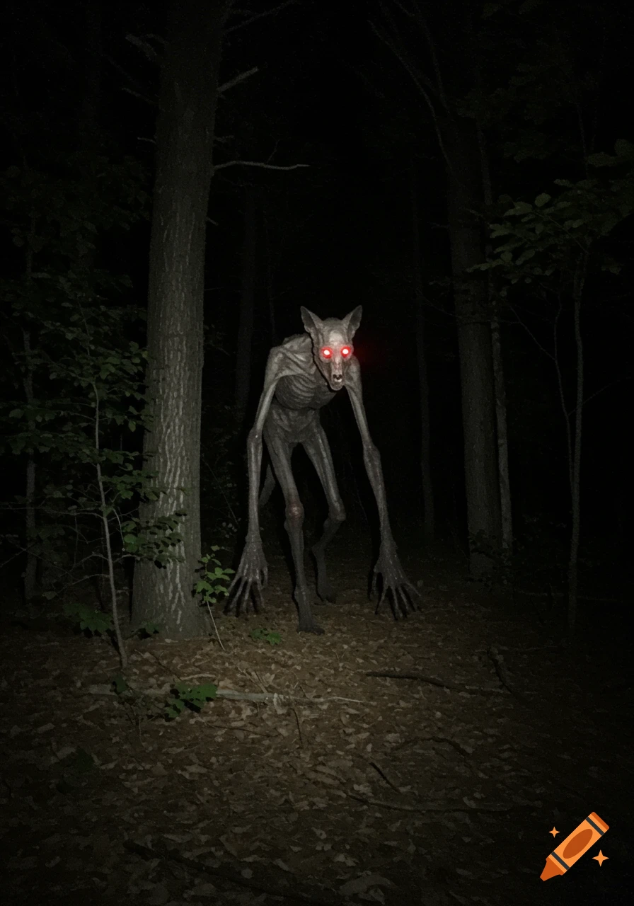 A gaunt creature with glowing red eyes stands in a dark forest at night.
