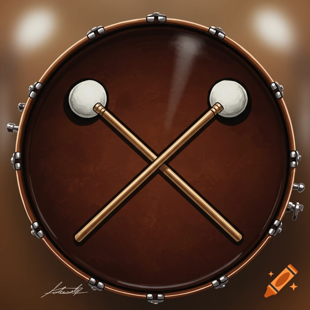 A bass drum head with two mallets crossed over it.