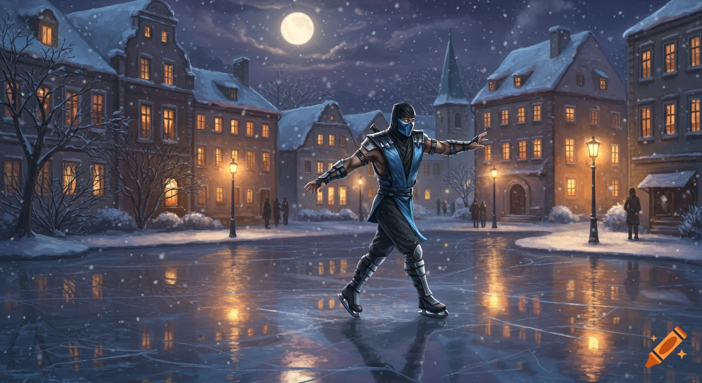 Sub-Zero ice skating in a snowy city square at night.