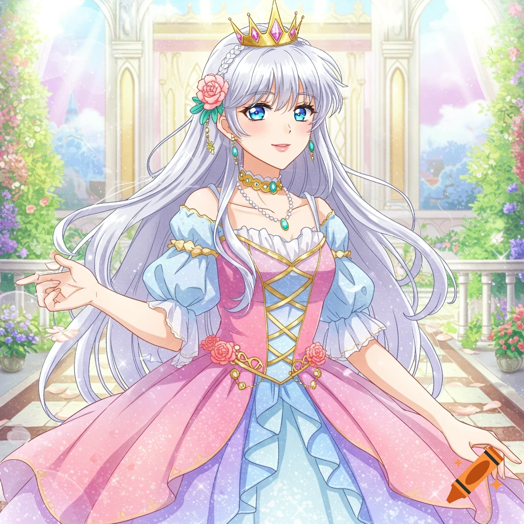 Anime girl in a princess dress smiles and gestures in a castle garden.
