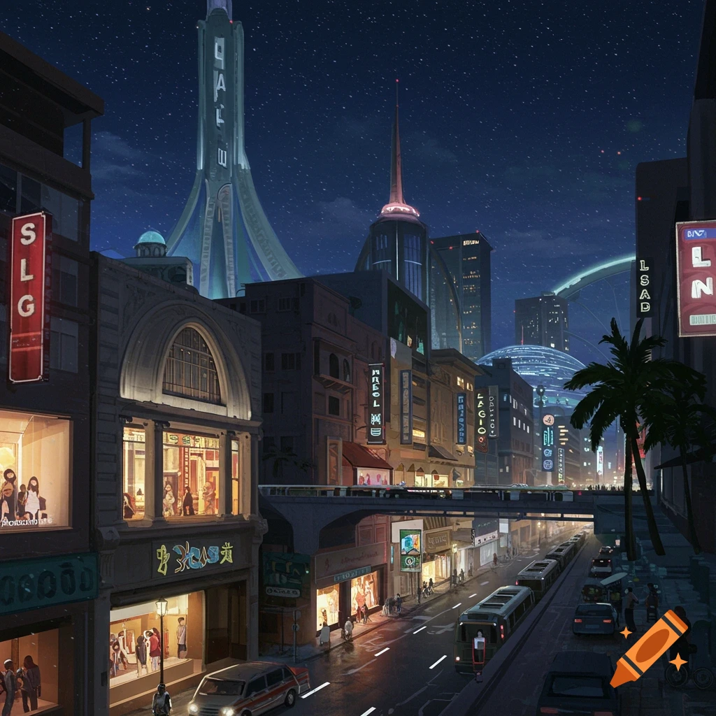 A futuristic city street at night with shops, vehicles, and unique tall buildings under a starry sky.