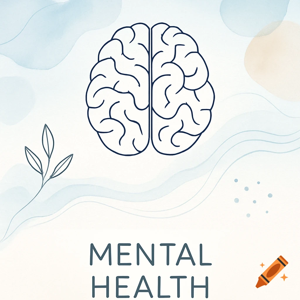 Minimal line art brain and leaf illustration with 'Mental Health' text on a soft background.