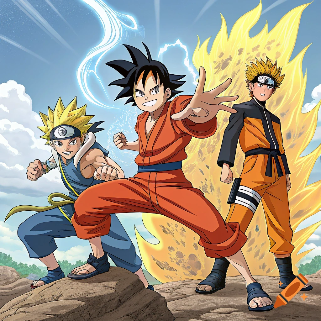 Two anime characters resembling Naruto and one resembling Goku strike dynamic poses with energy effects.