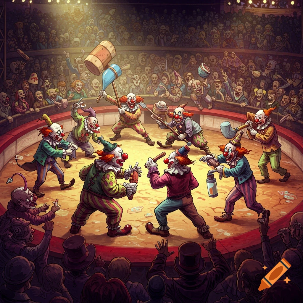 Clowns fighting in a circus arena