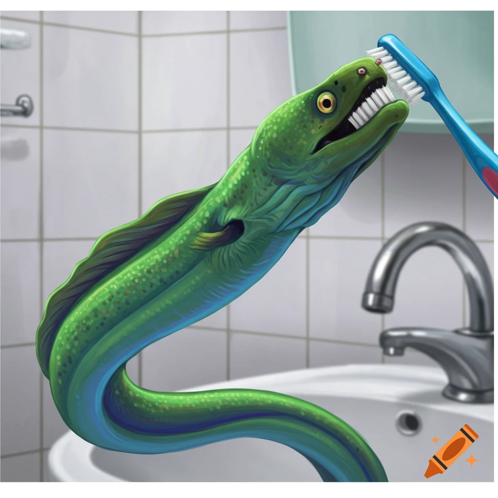 A green eel brushing its teeth with a blue toothbrush in a bathroom sink.