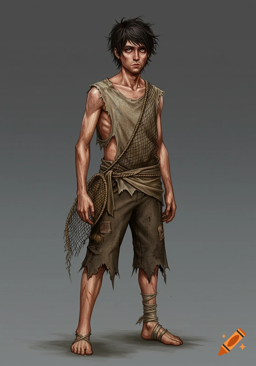 A young man in rags with messy hair and scars, carrying a fishing net.