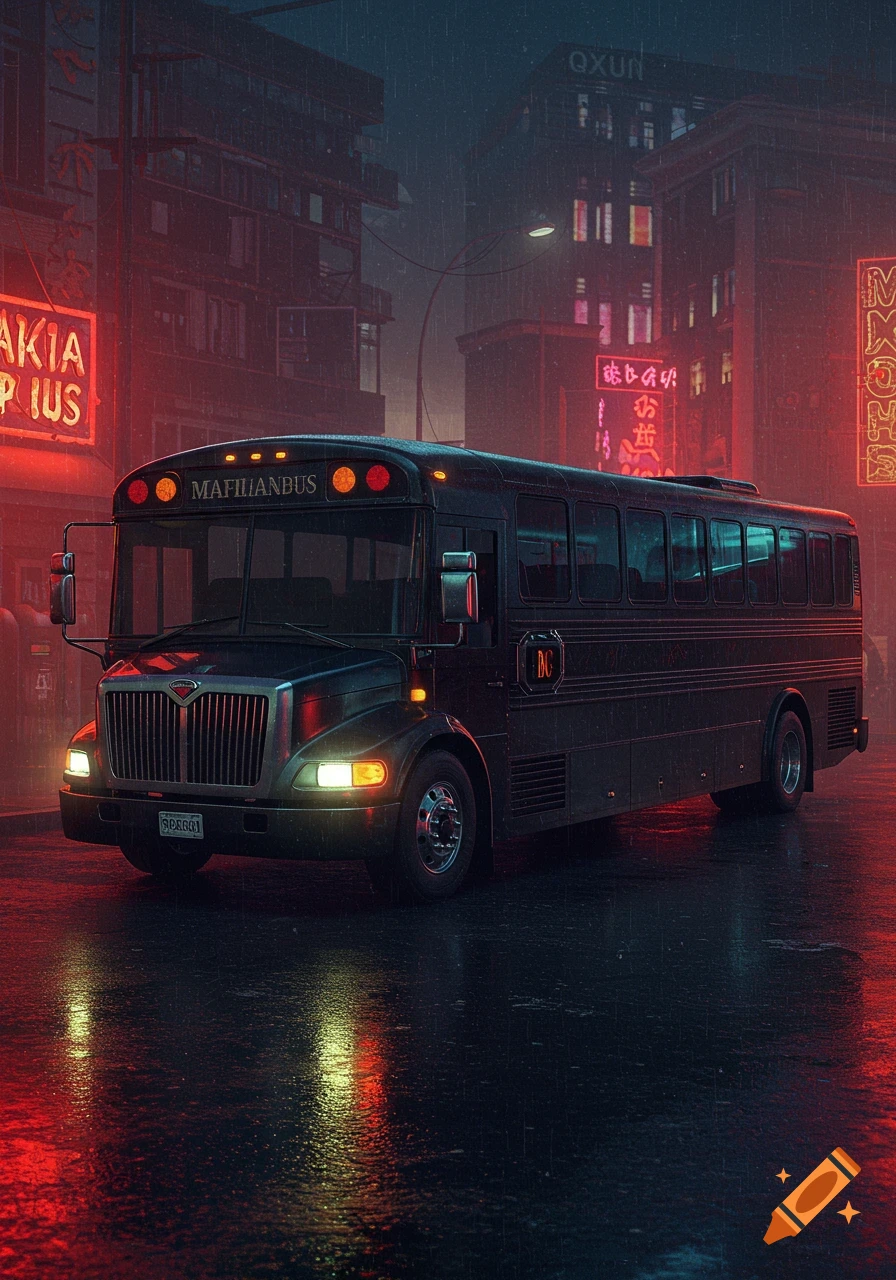 A black bus on a wet city street at night, lit by red neon signs. Digital art.