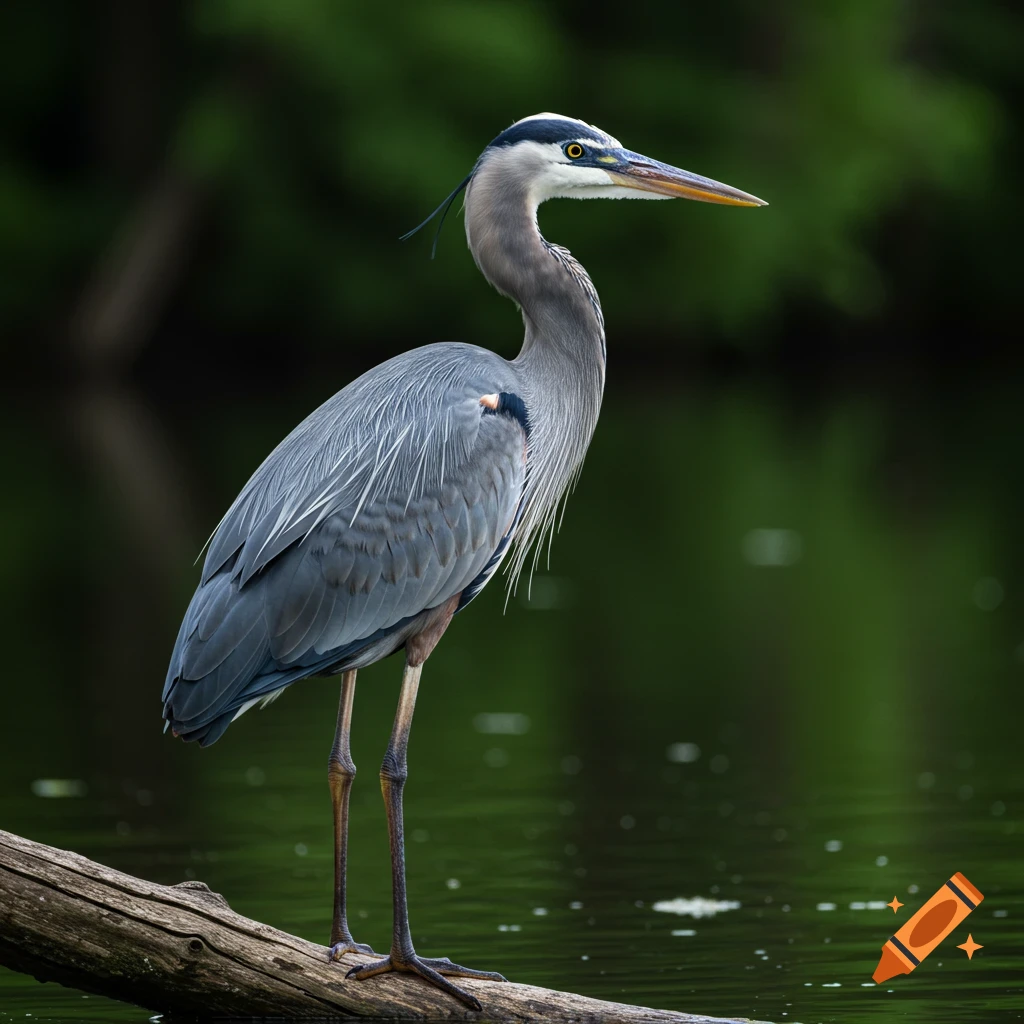 Photorealistic shot of a Great Blue Heron standing on a log in water with a blurry green forest background.